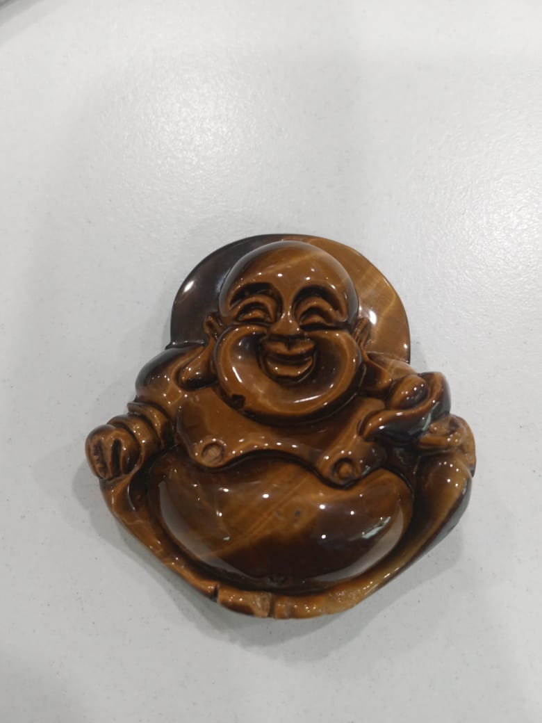 SahajHast Laughing Buddha Pendant – Natural Yellow Tiger Eye Stone | Hand-Carved Gemstone for DIY Jewelry & Spiritual Charm - ART AKASHA STUDIO