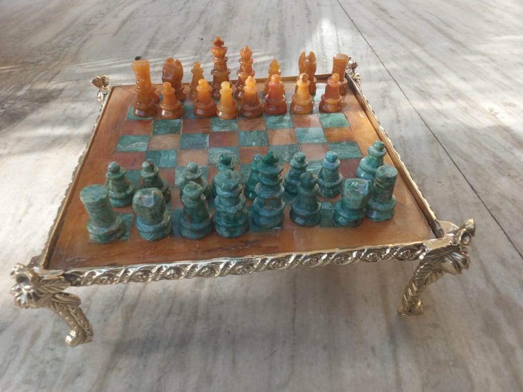 Sahaj Hast Handcrafted Yellow Aventurine & Green Jasper Stone Chess Set – With Brass Stand & Storage Box - ART AKASHA STUDIO