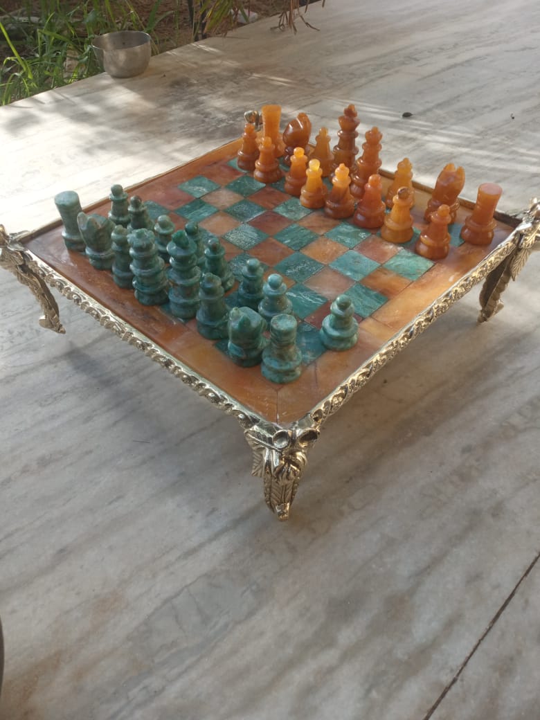 Sahaj Hast Handcrafted Yellow Aventurine & Green Jasper Stone Chess Set – With Brass Stand & Storage Box - ART AKASHA STUDIO