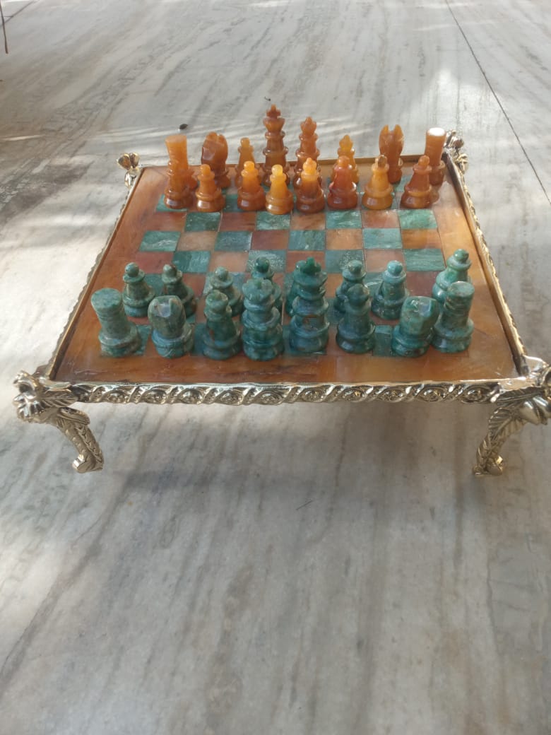 Sahaj Hast Handcrafted Yellow Aventurine & Green Jasper Stone Chess Set – With Brass Stand & Storage Box - ART AKASHA STUDIO