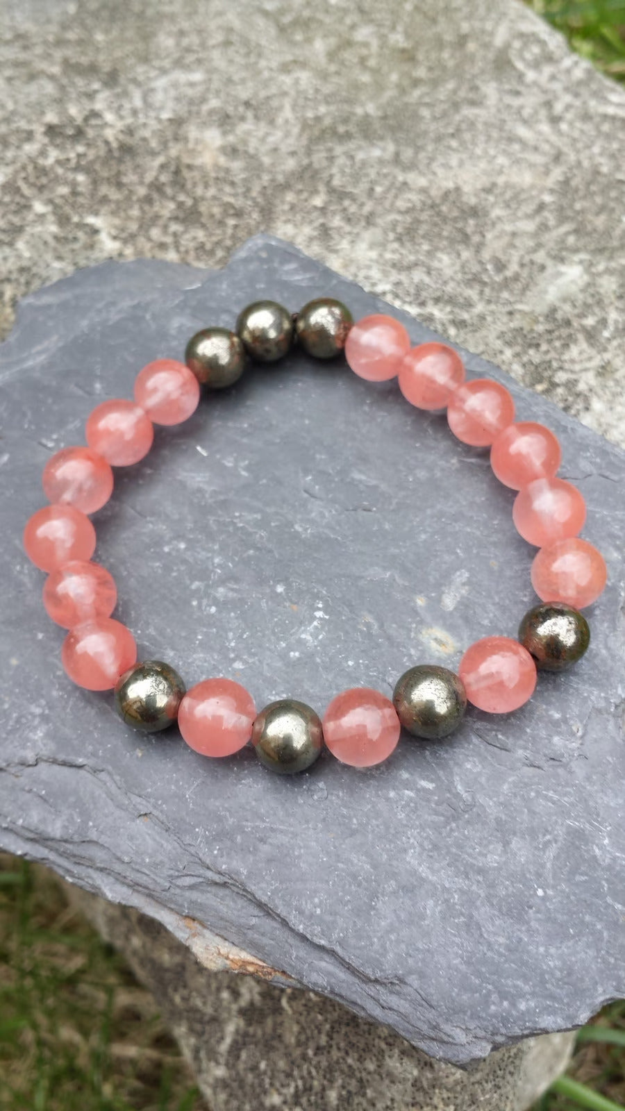 Handmade Cherry Quartz, Strawberry Quartz & Pyrite Bracelet – Positivity & Protection - ART AKASHA STUDIO