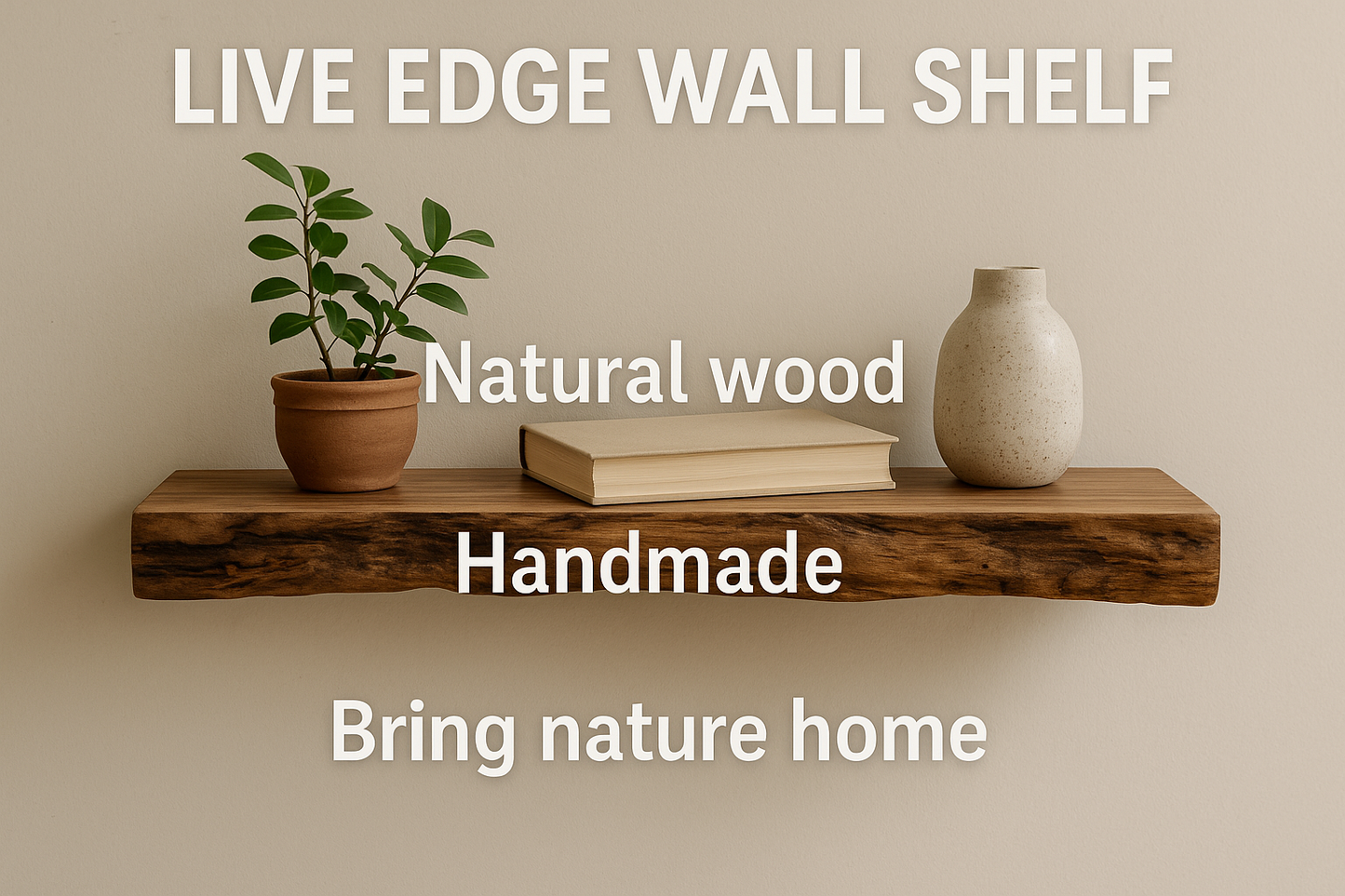 Live Edge Rustic Solid Elm Wood Floating 1 piece Shelves – Wall Mounted with Invisible Bracket | Natural Finish by Sahaj Hast - ART AKASHA STUDIO