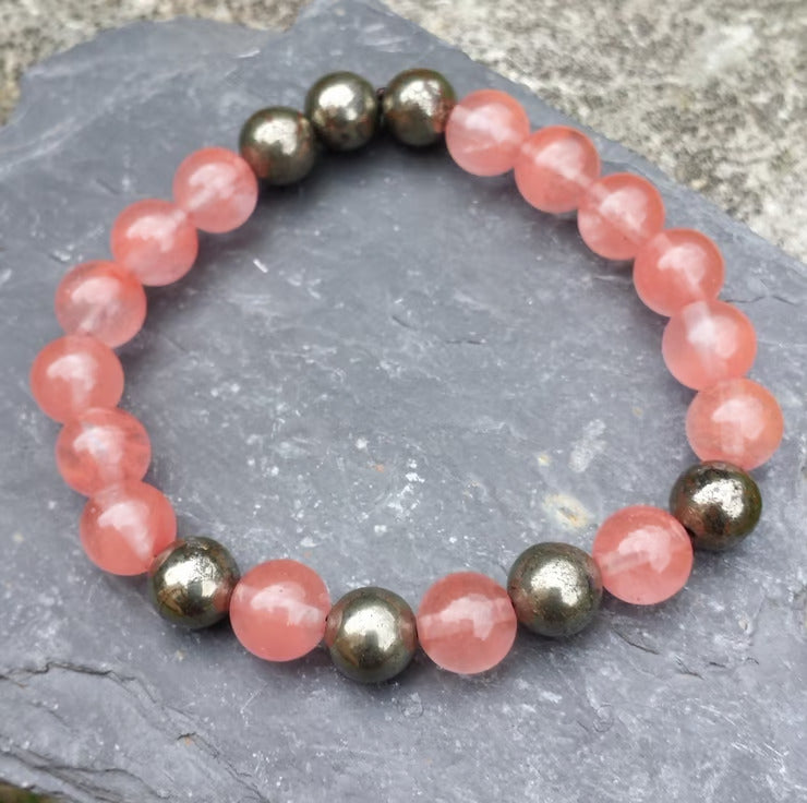 Handmade Cherry Quartz, Strawberry Quartz & Pyrite Bracelet – Positivity & Protection - ART AKASHA STUDIO