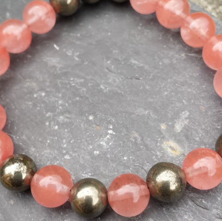 Handmade Cherry Quartz, Strawberry Quartz & Pyrite Bracelet – Positivity & Protection - ART AKASHA STUDIO