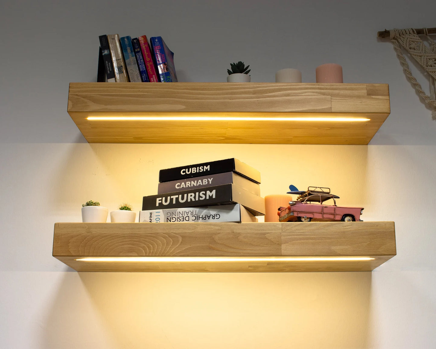 Sahajhast Floating Wall Shelves with LED Lights – 24" Lighted Display Floating Shelf | Wall Mounted Shelf | Modern Floating Style (set of 2) - ART AKASHA STUDIO