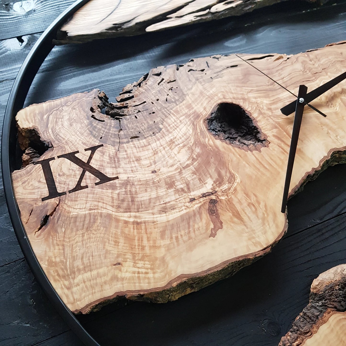 Sahaj Hast Olive Wood Wall Clock – Silent Movement, Live Edge Farmhouse Style | Handmade Wooden Wall Art - ART AKASHA STUDIO