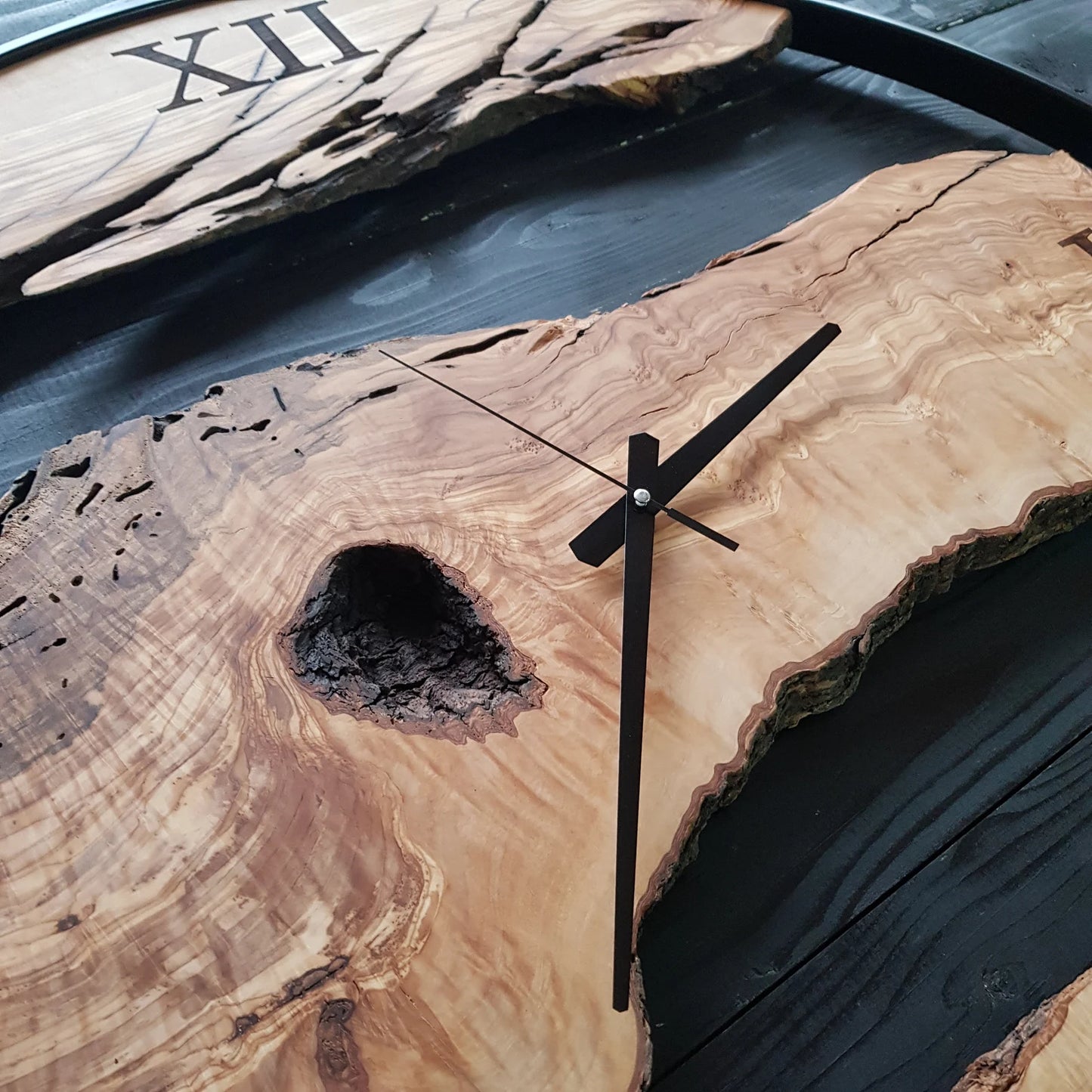 Sahaj Hast Olive Wood Wall Clock – Silent Movement, Live Edge Farmhouse Style | Handmade Wooden Wall Art - ART AKASHA STUDIO