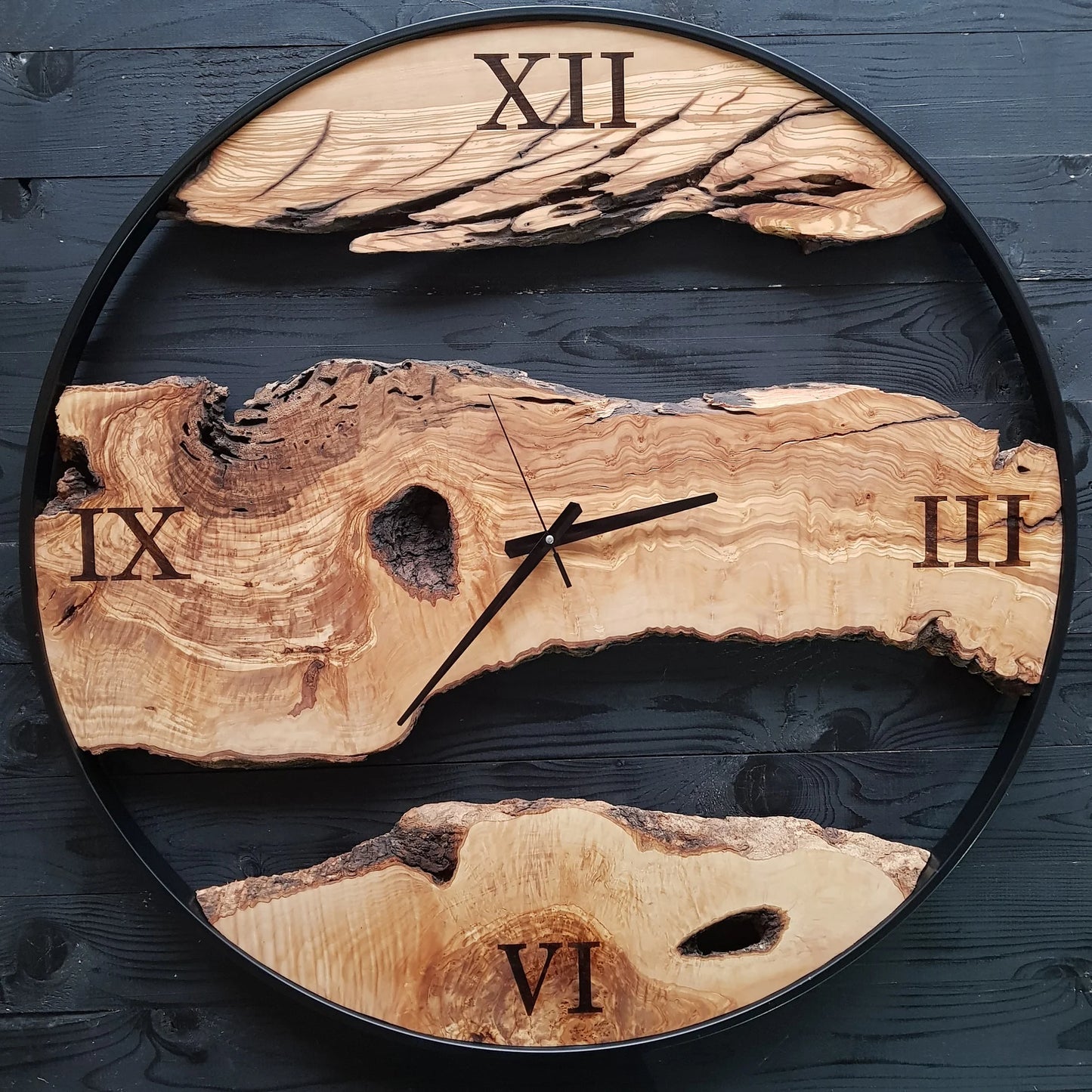 Sahaj Hast Olive Wood Wall Clock – Silent Movement, Live Edge Farmhouse Style | Handmade Wooden Wall Art - ART AKASHA STUDIO