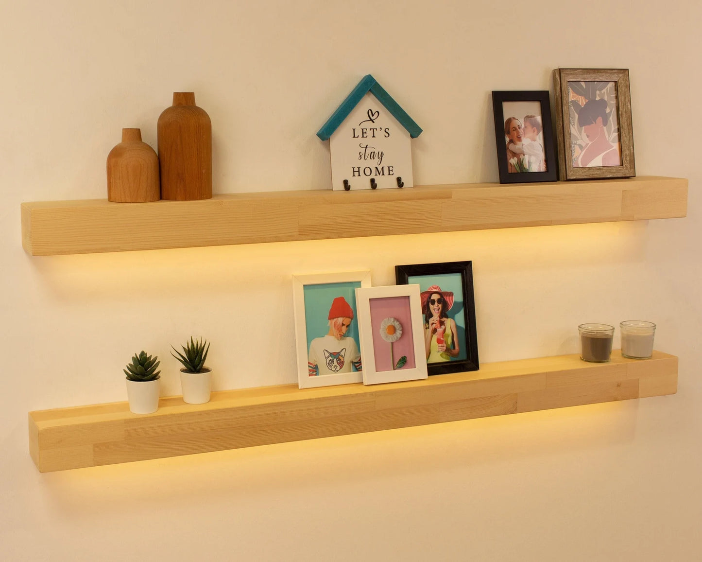 Sahajhast Floating Wall Shelves with LED Lights – 24" Lighted Display Floating Shelf | Wall Mounted Shelf | Modern Floating Style (set of 2) - ART AKASHA STUDIO