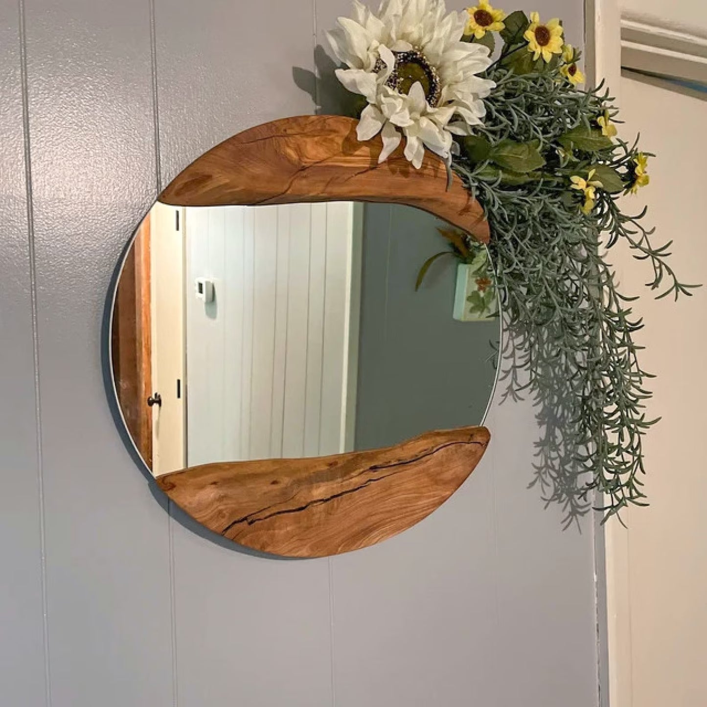 Handmade Wood Round Wall Mirror – Live Edge Wooden Frame | Rustic Natural Home Decor - ART AKASHA STUDIO