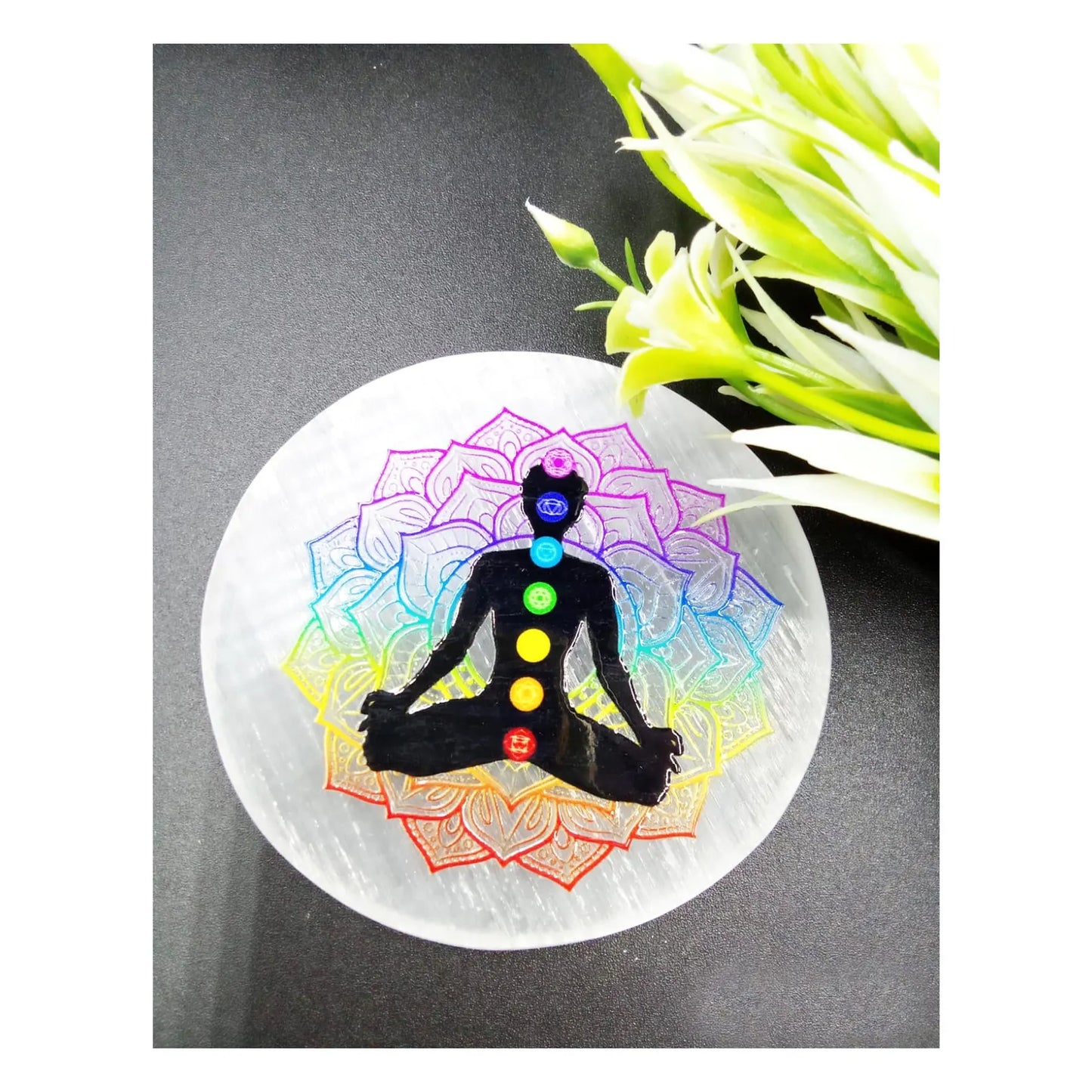 Selenite Charging Seven Chakra Coaster – Engraved Healing Plate - ART AKASHA STUDIO