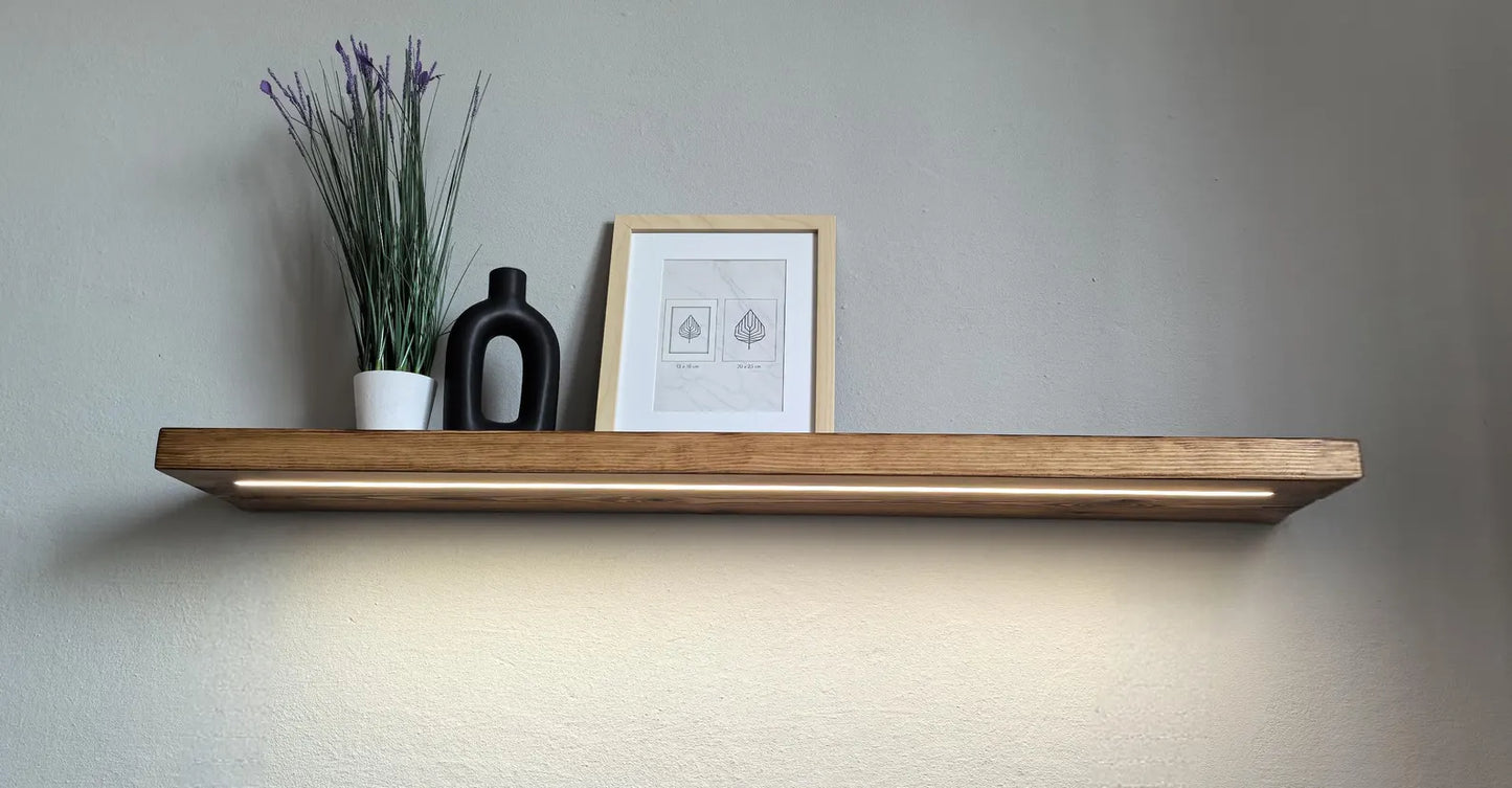 Elegant Pine Wall Shelves with LED Lights – Adjustable Brightness & Color | Handcrafted in Solid Pine Wood - ART AKASHA STUDIO