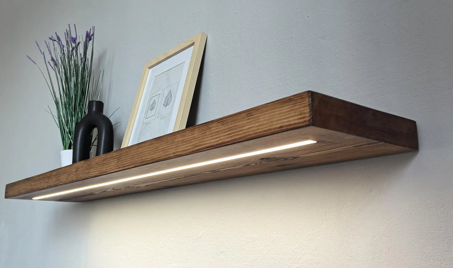 Elegant Pine Wall Shelves with LED Lights – Adjustable Brightness & Color | Handcrafted in Solid Pine Wood - ART AKASHA STUDIO