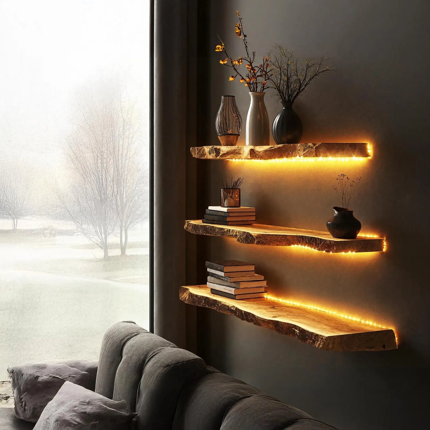 SahajHast Live Edge Wall Shelves with Integrated LED Lighting – Rustic Wood Shelf for Ambient Decor & Cozy Spaces - ART AKASHA STUDIO