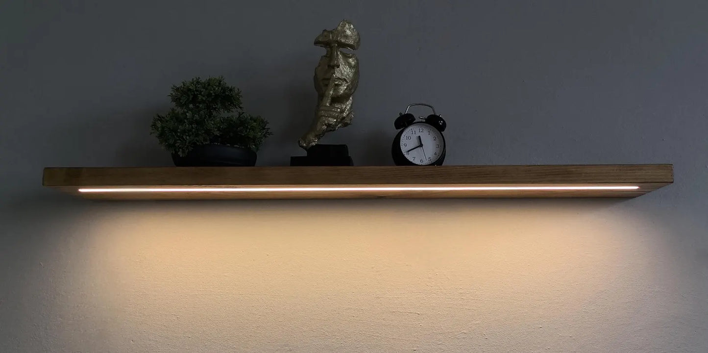 Elegant Pine Wall Shelves with LED Lights – Adjustable Brightness & Color | Handcrafted in Solid Pine Wood - ART AKASHA STUDIO