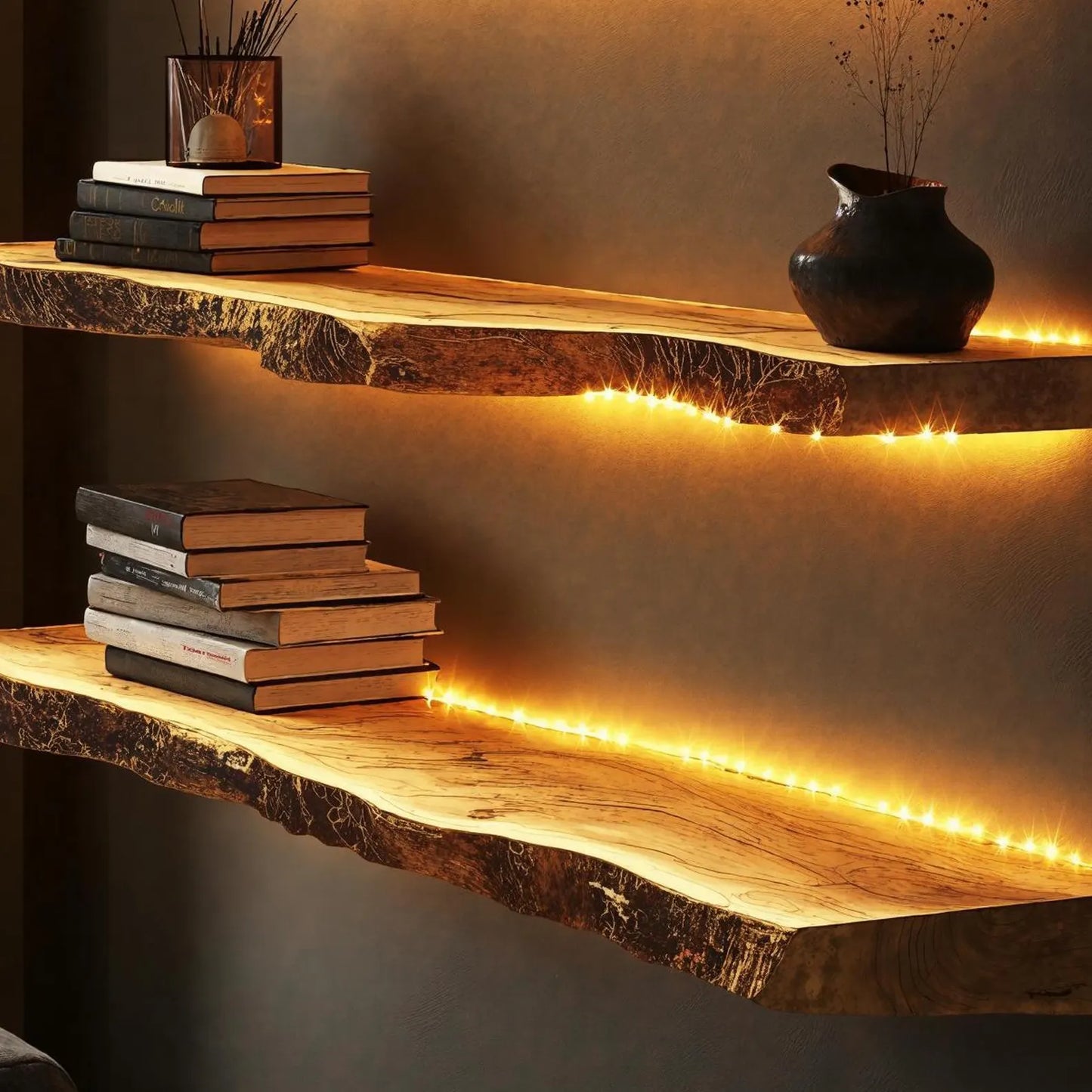 SahajHast Live Edge Wall Shelves with Integrated LED Lighting – Rustic Wood Shelf for Ambient Decor & Cozy Spaces - ART AKASHA STUDIO