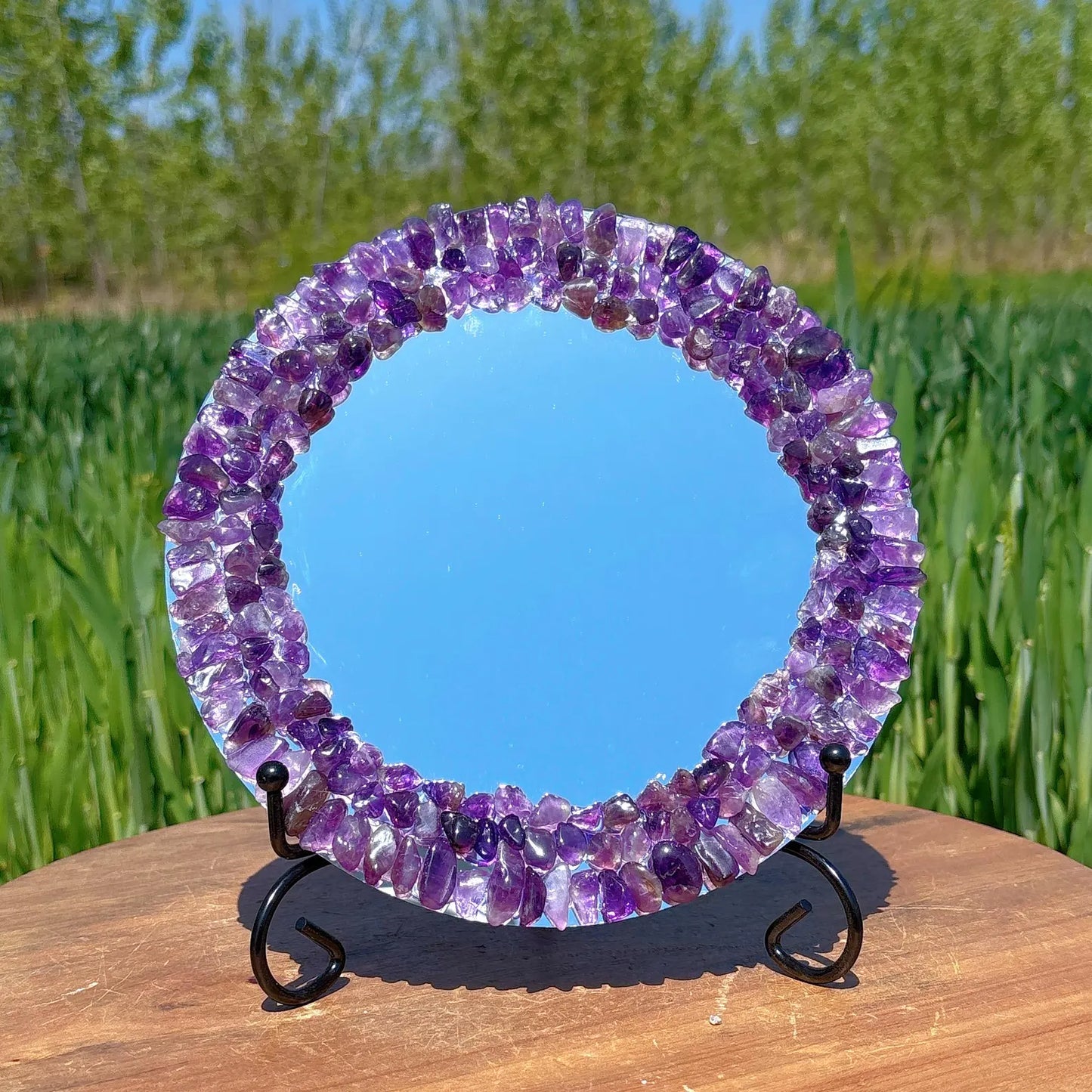 7.8" Natural Dream Amethyst Crystal Mirror with Stand – Scrying Mirror, Reiki Healing, Mineral Specimen