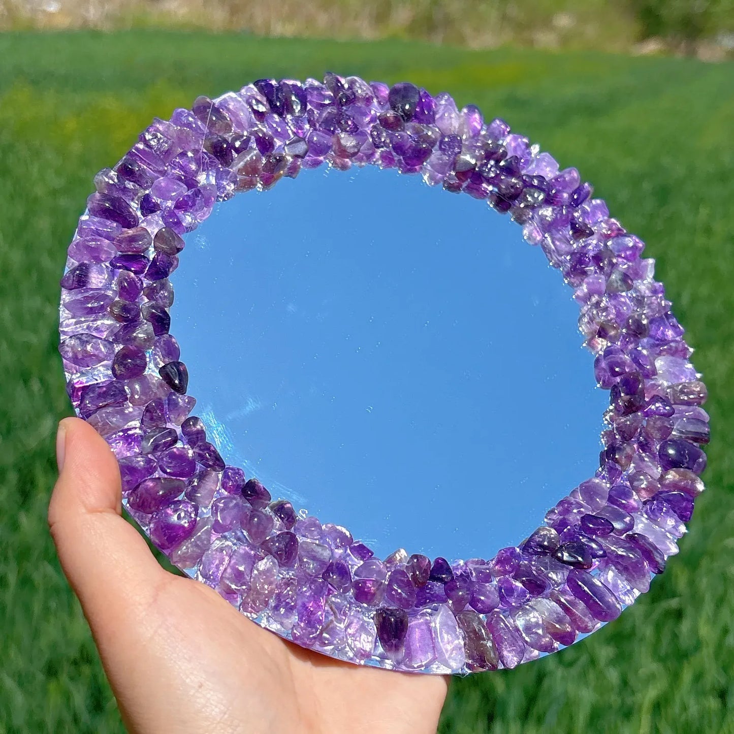 7.8" Natural Dream Amethyst Crystal Mirror with Stand – Scrying Mirror, Reiki Healing, Mineral Specimen