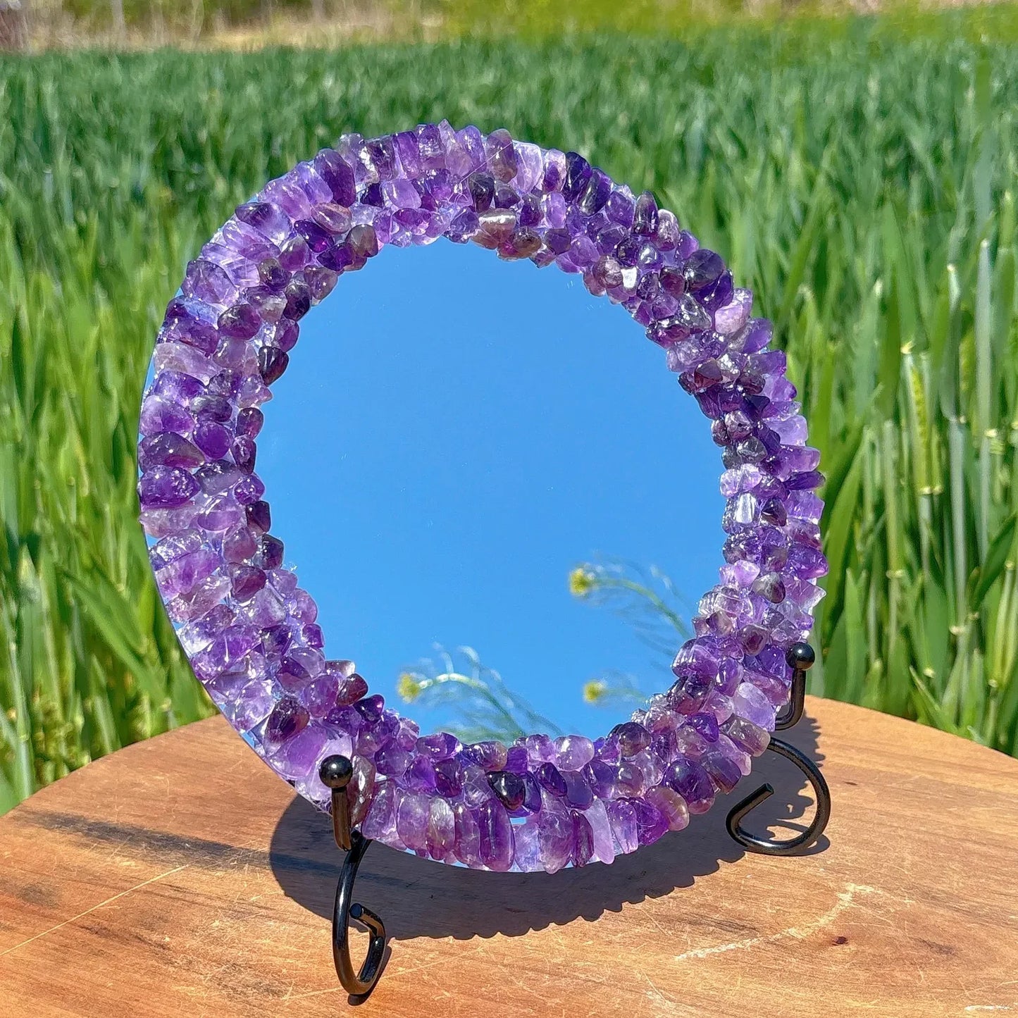 7.8" Natural Dream Amethyst Crystal Mirror with Stand – Scrying Mirror, Reiki Healing, Mineral Specimen - ART AKASHA STUDIO