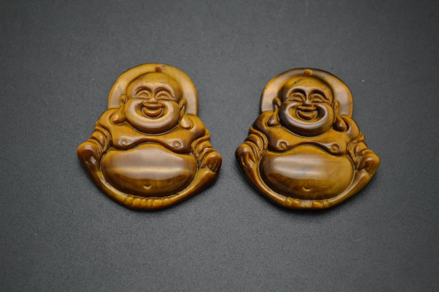 SahajHast Laughing Buddha Pendant – Natural Yellow Tiger Eye Stone | Hand-Carved Gemstone for DIY Jewelry & Spiritual Charm - ART AKASHA STUDIO