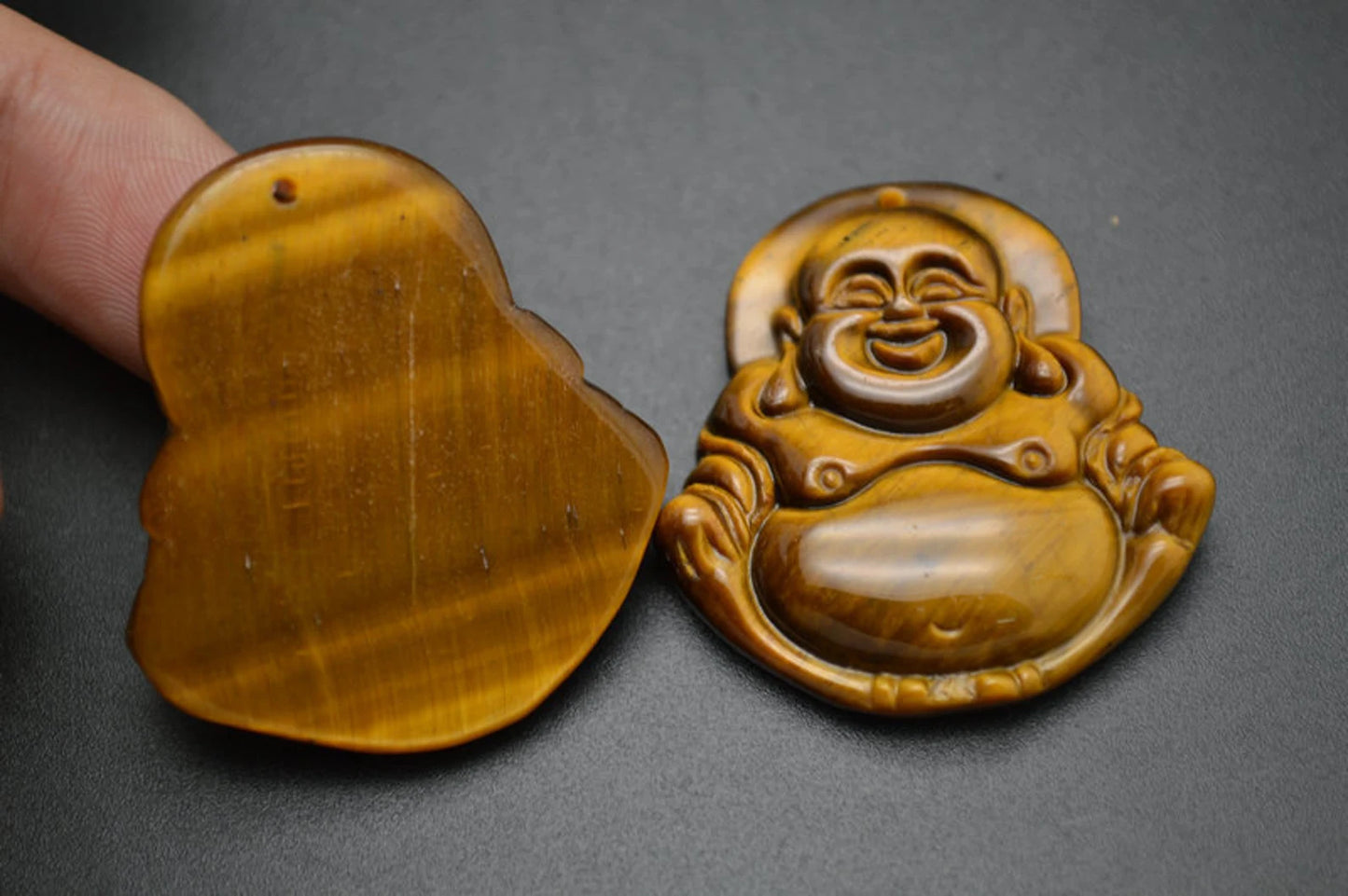 SahajHast Laughing Buddha Pendant – Natural Yellow Tiger Eye Stone | Hand-Carved Gemstone for DIY Jewelry & Spiritual Charm - ART AKASHA STUDIO