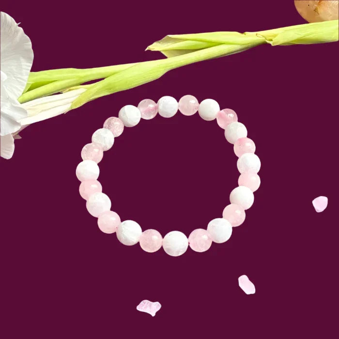 Rose Quartz & Moonstone Bracelet – 8mm Round Beads | Calming & Love Energy - ART AKASHA STUDIO