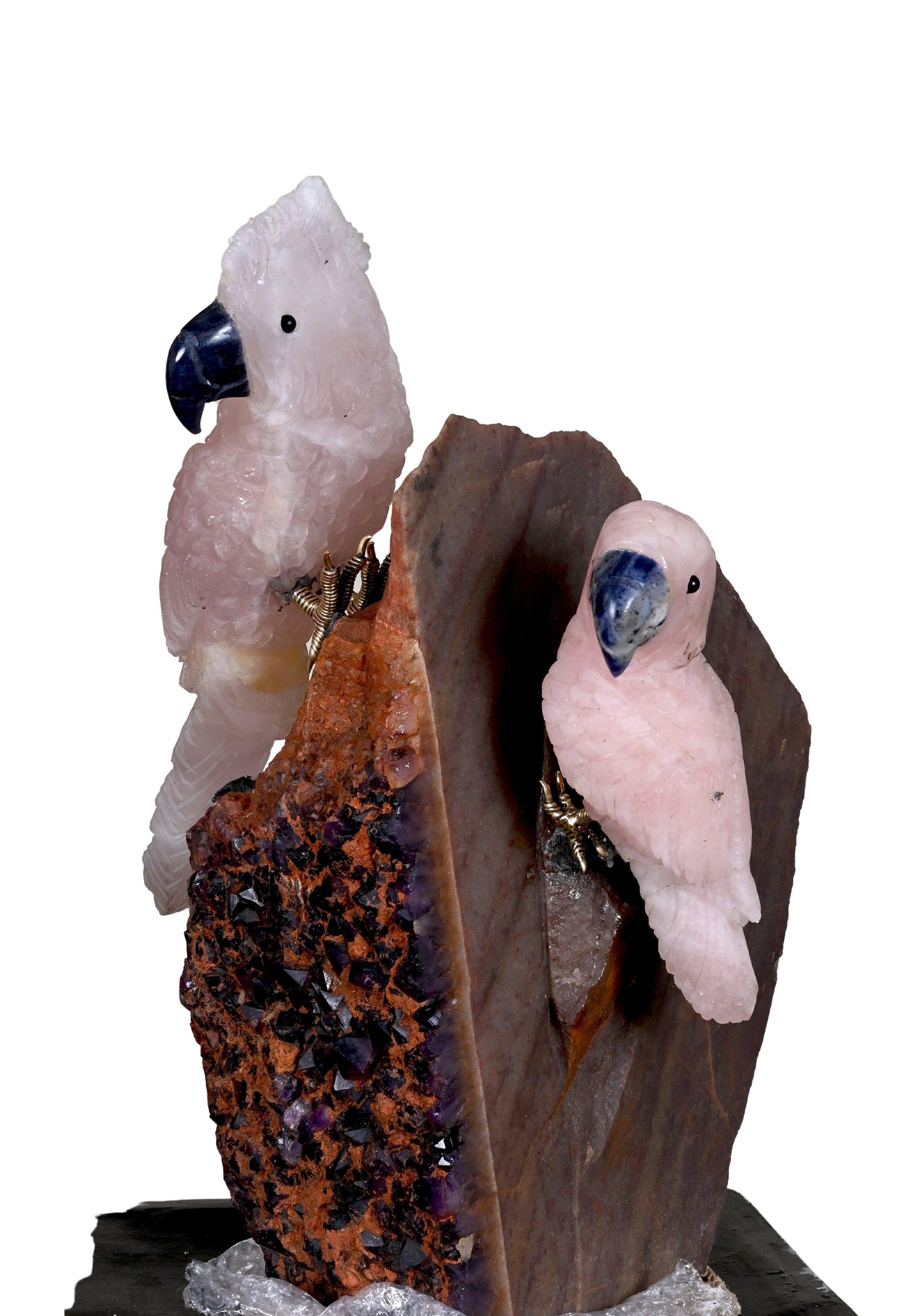 Gems Stone Rose Quartz and Amethyst Stone Parrots Family - ART AKASHA STUDIO