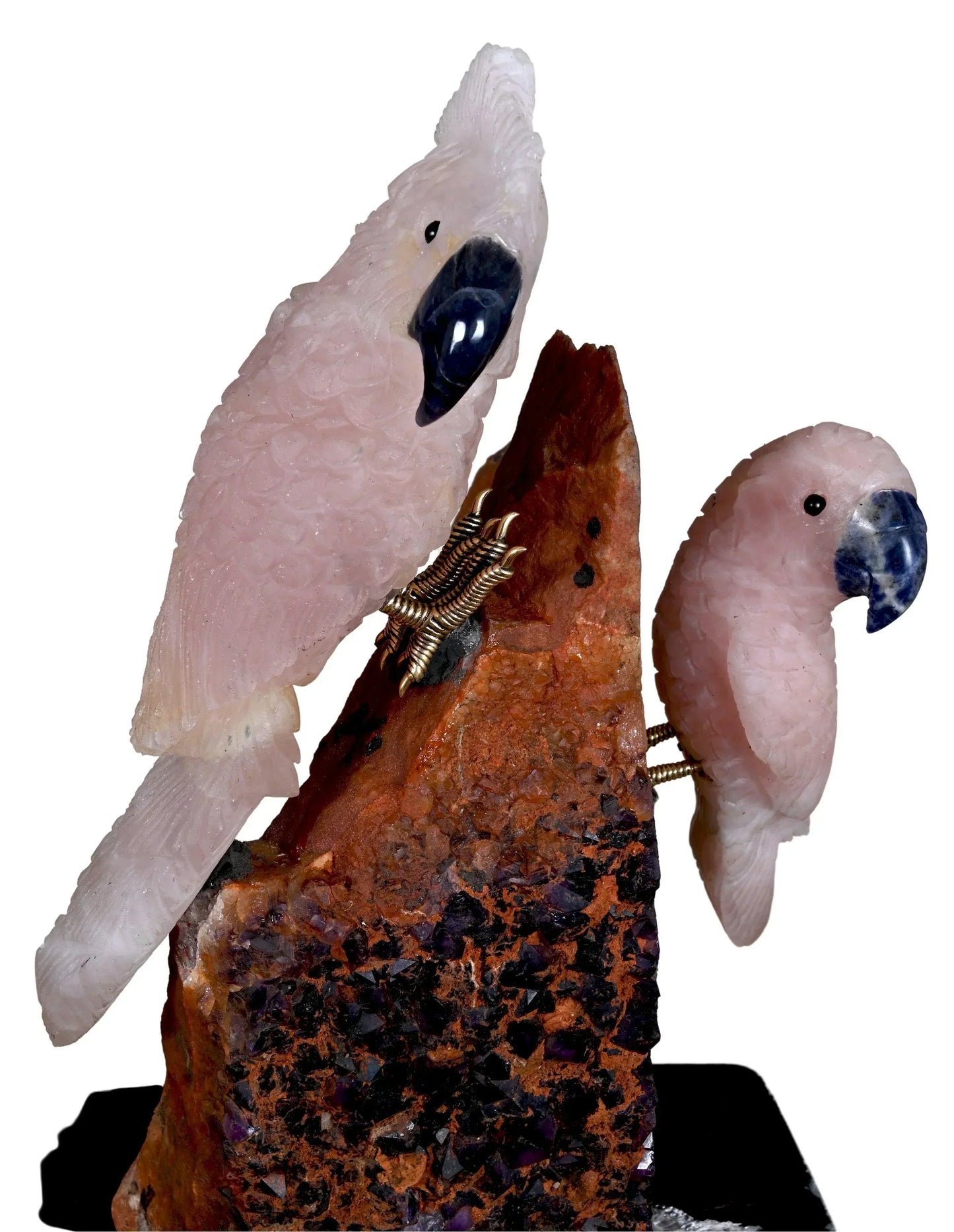 Gems Stone Rose Quartz and Amethyst Stone Parrots Family - ART AKASHA STUDIO