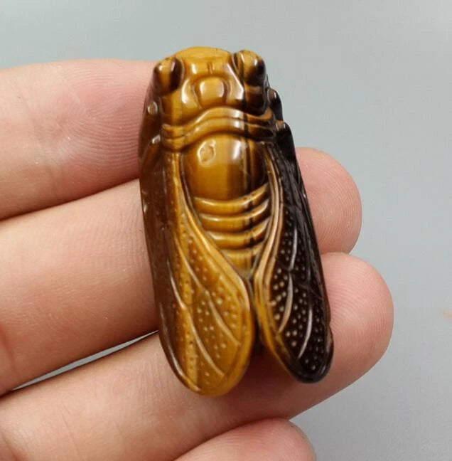 SahajHast 3D Carved Natural Yellow Tiger Eye Cicada Pendant- Lucky Charm Gift - ART AKASHA STUDIO