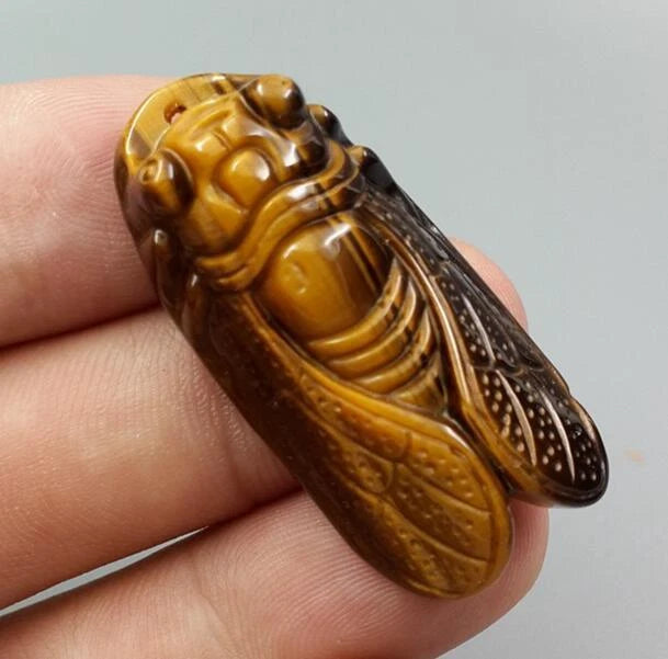 SahajHast 3D Carved Natural Yellow Tiger Eye Cicada Pendant- Lucky Charm Gift - ART AKASHA STUDIO