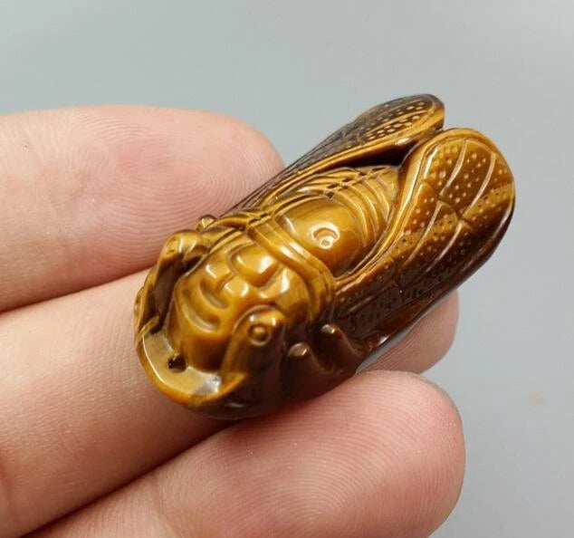 SahajHast 3D Carved Natural Yellow Tiger Eye Cicada Pendant- Lucky Charm Gift - ART AKASHA STUDIO