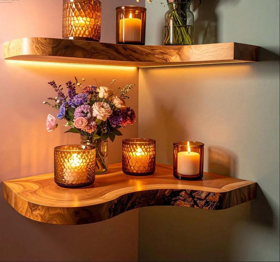 Cozy corner with two wooden floating shelves holding lit candles in textured glass holders and a vase of colorful flowers