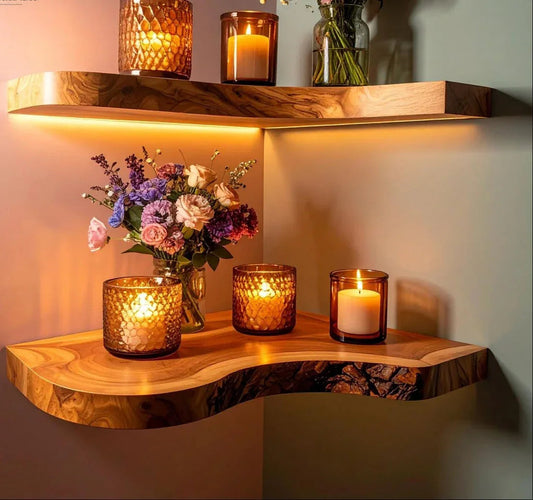 Cozy corner with two wooden floating shelves holding lit candles in textured glass holders and a vase of colorful flowers