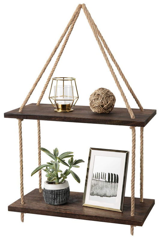 Two-tier hanging wooden shelf with natural rope, featuring a potted succulent, framed abstract art, candle holder, and decorative woven ball