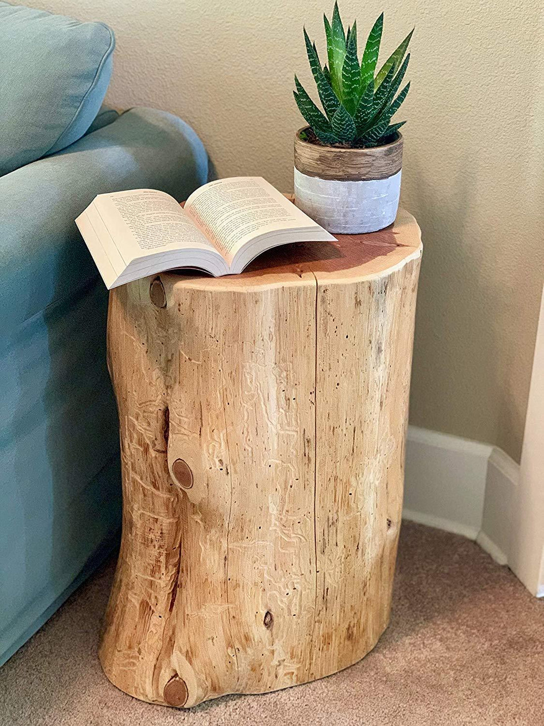 Natural wood stump side table next to blue sofa with open book and potted succulent plant