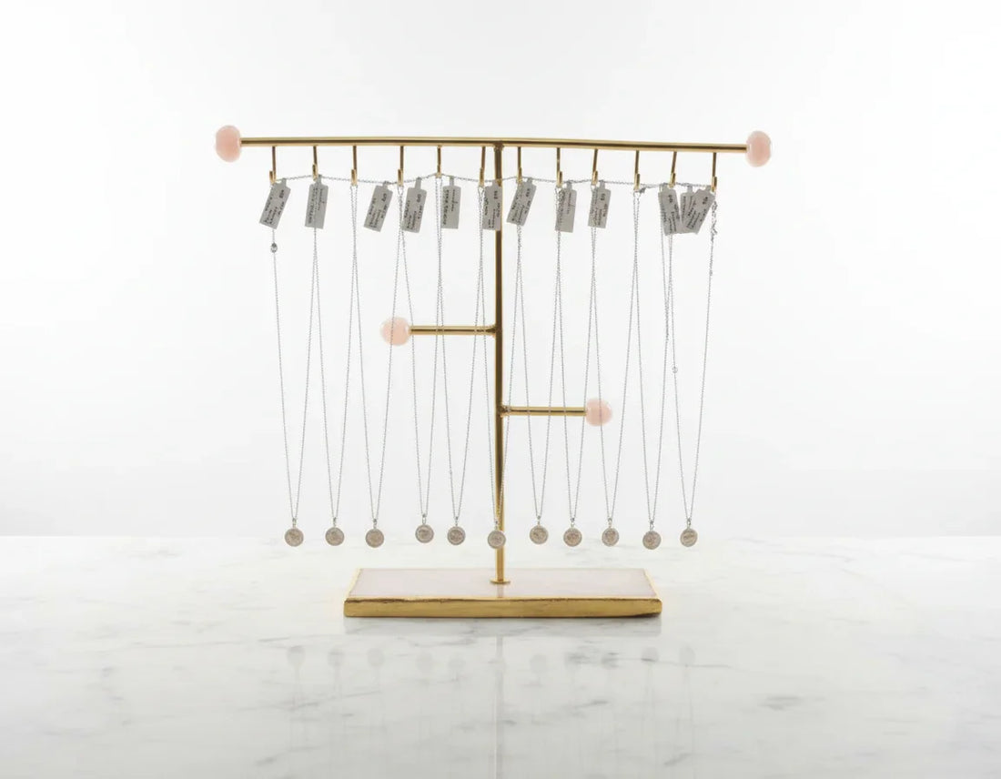 Organize in Style: Artisan Gold-Plated Jewellery Stand with Healing Rose Quartz