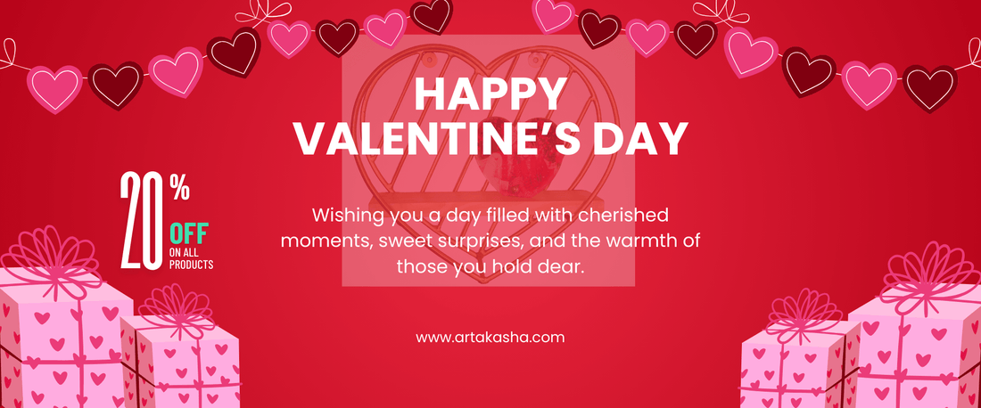 Valentine's Day sale banner with 20% off, heart decorations, gift boxes, and love message