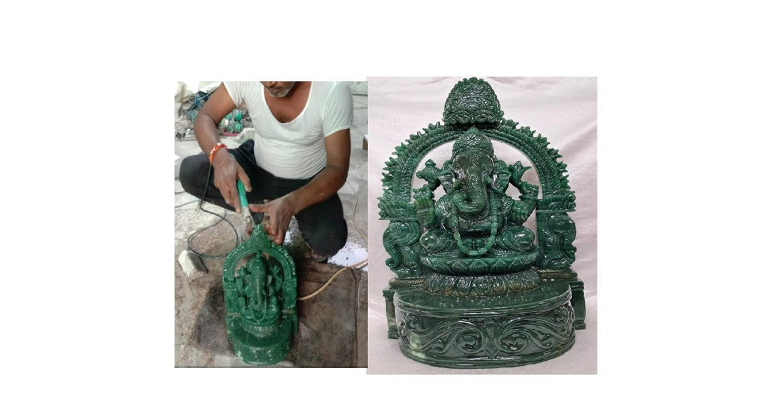 Artisan carving a detailed green stone statue of Lord Ganesha, Hindu god, with intricate design