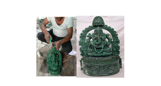 Artisan carving a detailed green stone statue of Lord Ganesha, Hindu god, with intricate design