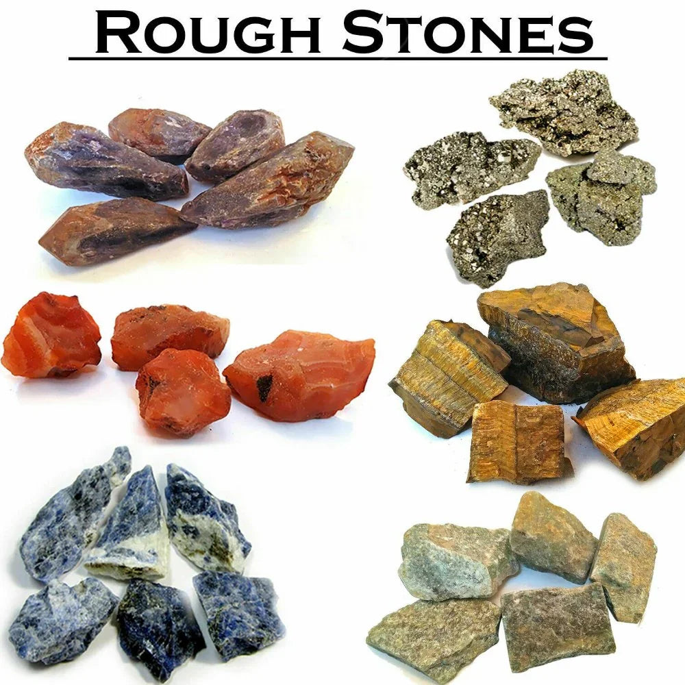 Collection of various rough semi-precious stones including purple, orange, blue, gold, and green rocks on white background