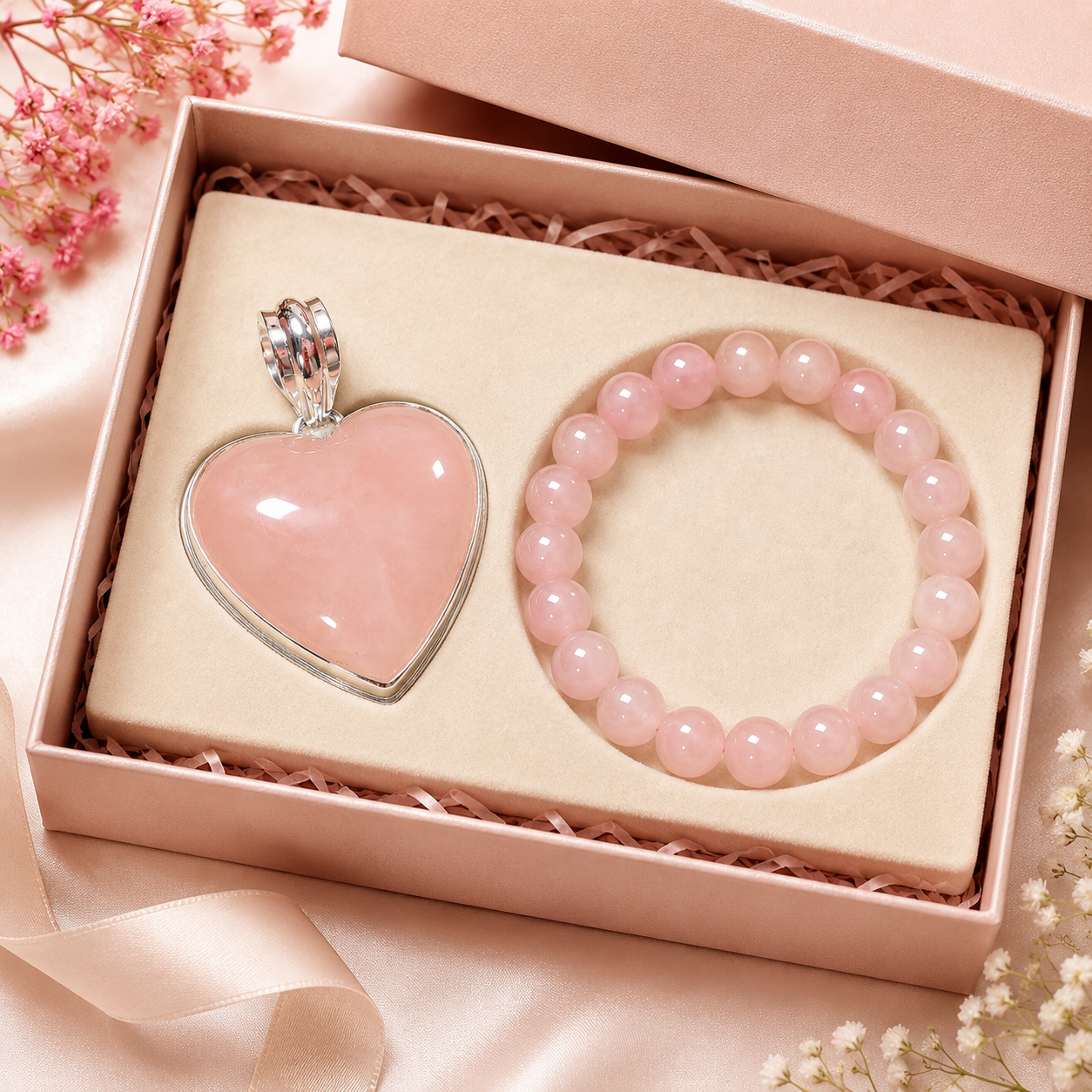 Rose Quartz Heart Pendant & Bracelet Gift Set | Natural Crystal Jewelry Combo for Love, Relationship & Self-Love