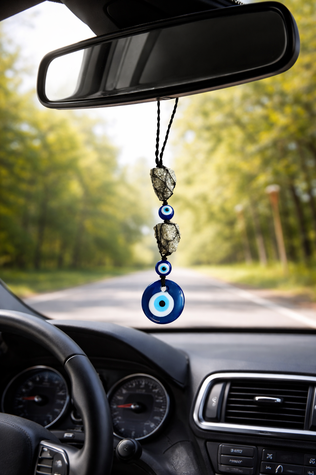 Pyrite Evil Eye Hanging Charm – Raw Pyrite Protection Wall Decor | Key Holder & Car Hanging - ART AKASHA STUDIO