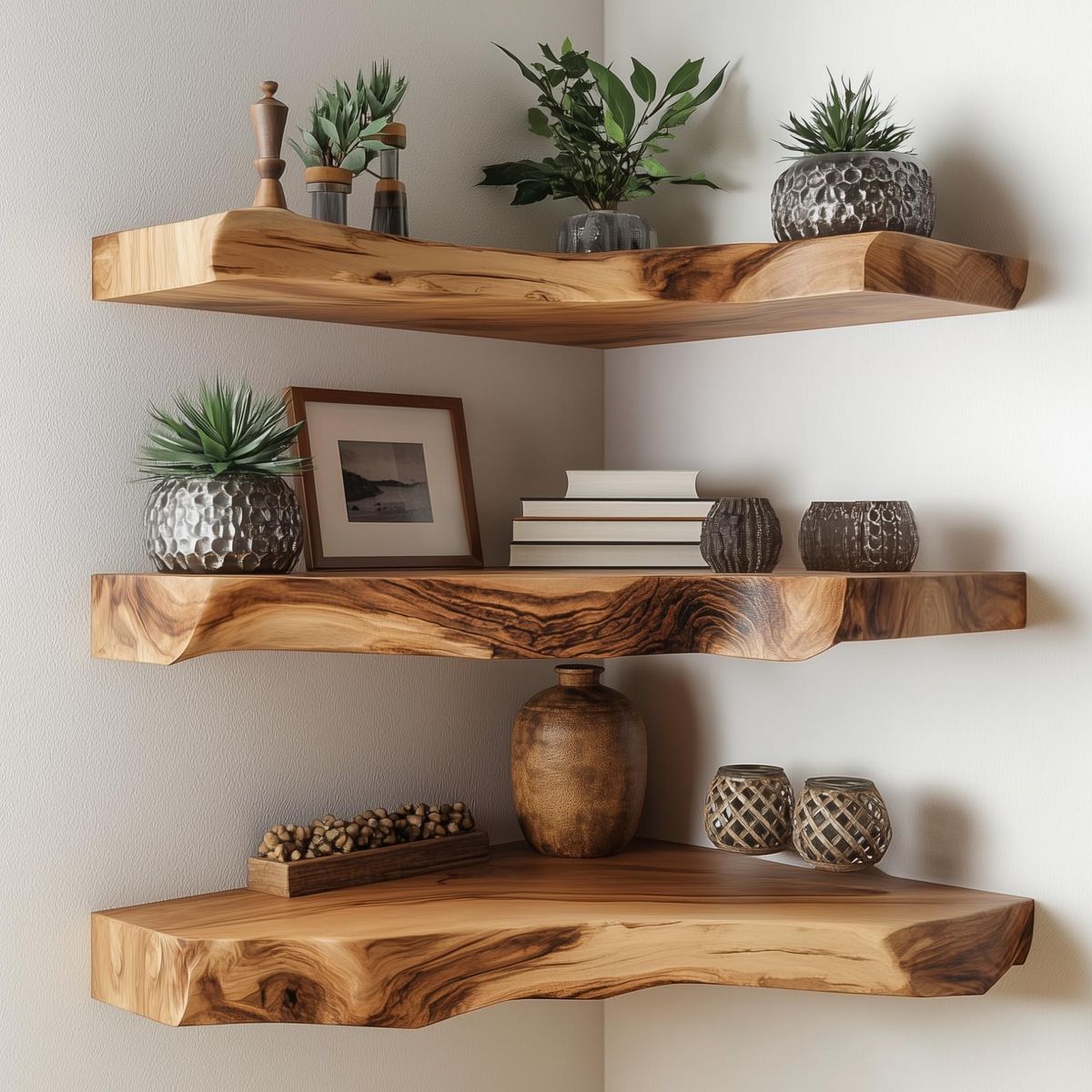 Sahajhast Live Edge Floating Corner Shelf – Handcrafted Reclaimed Wood Wall Shelf (1 piece) - ART AKASHA STUDIO