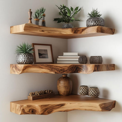 Sahajhast Live Edge Floating Corner Shelf – Handcrafted Reclaimed Wood Wall Shelf (1 piece) - ART AKASHA STUDIO
