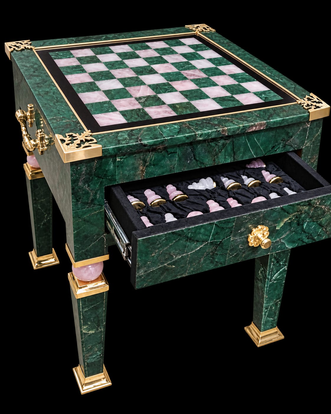 Luxury Green Aventurine & Rose Quartz Chess Table with Brass Accents – 20 Inch
