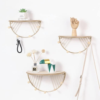 Golden D Shape Floating Wall Mounted with Wooden Hooks - ART AKASHA STUDIO