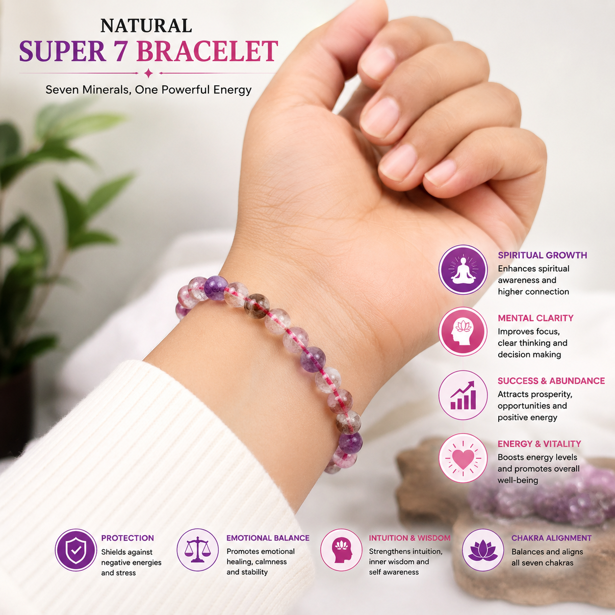 Natural Super Seven Bracelet | Certified 8mm Gemstone Bracelet for Men & Women | Spiritual Growth, Protection & Positive Energy