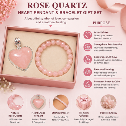 Rose Quartz Heart Pendant & Bracelet Gift Set | Natural Crystal Jewelry Combo for Love, Relationship & Self-Love