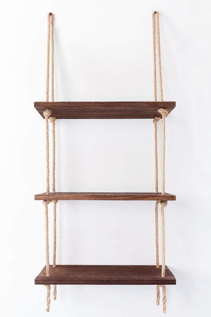 Wood Hanging Shelf Wall Swing Storage Shelves Jute Rope Organizer Rack, 3 Tier - ART AKASHA STUDIO