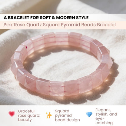 Natural Rose Quartz Crystal Bracelet | Certified Square Pyramid Beads Bracelet for Men & Women | Love, Relationship, Marriage & Emotional Healing